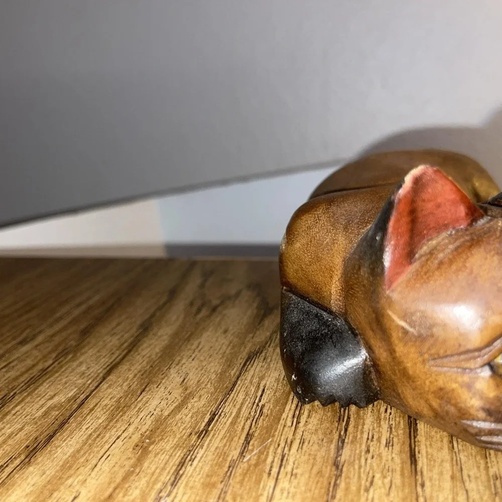 VTG Hand Carved Wood Cat Shelf Sitter Whimsical Siamese Figurine 1980s Folk Art